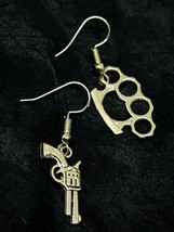 Gun &amp; Brass Knuckle Duster Earrings Gentlemen Gangster Thug Punk Silver Plated - £3.30 GBP