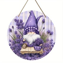 Spring Gnome Lavender Flower Sign Wooden Wreath Indoor Wall Hanging Decoration - £12.17 GBP