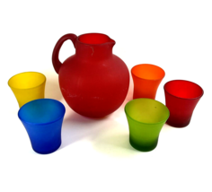 6 Piece Set Of Thick Colored Frosted Glass Pitcher &amp; 5 Cups Glasses Hand... - £77.19 GBP
