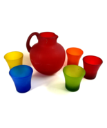 6 Piece Set Of Thick Colored Frosted Glass Pitcher &amp; 5 Cups Glasses Hand... - £77.43 GBP