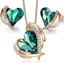 3 Pc. Necklace Earring Set ROSE GOLD GREEN Heart May Emerald Valentine&#39;s w/ Box - £6.92 GBP