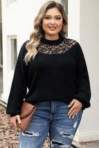 Black Plus Size Ribbed Knit Lace Splicing High Neck Sweater - £25.72 GBP