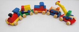 Vintage Toy Wood Train Blue Yellow Red Green with Wood Crain Dump Truck - $33.54