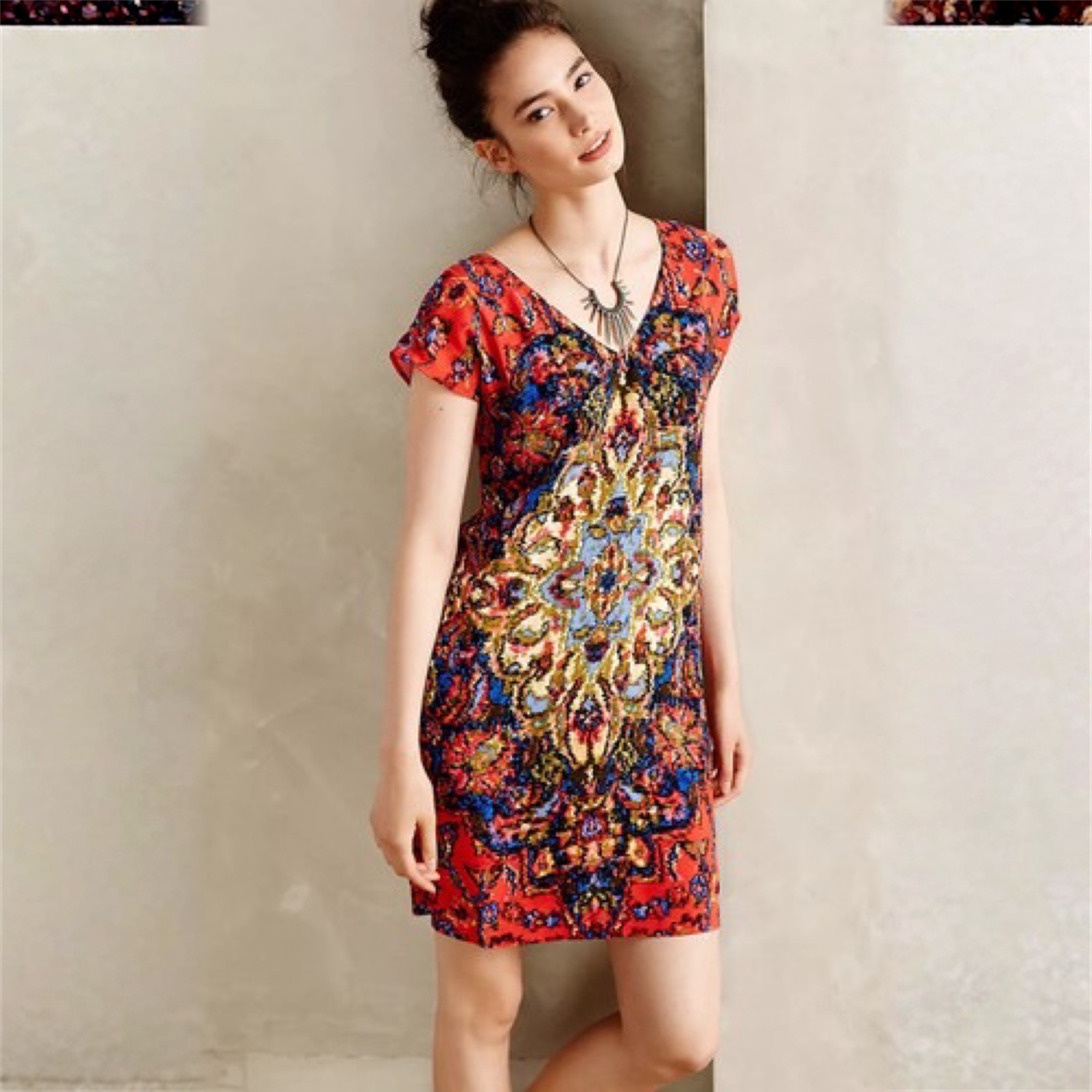 Anthropologie Maeve Sz S Pullover Mini Tunic Boho Dress Stretch V Neck - $30.61