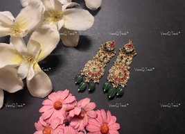 VeroniQ Trends-Elegant Gold Plated Kemp Stone Pachi Kundan Earrings-Green Beads  - $95.00