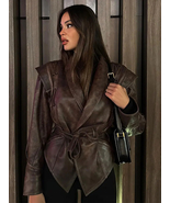 Fashion Lace Up Lapel Solid Pu Coat For Women Elegant Long Sleeve Cool J... - £130.53 GBP