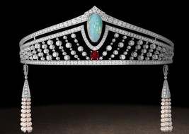 Bridal Tiara 40 ct Diamond 10 ct Opal 5 ct Ruby 12 ct Pearl Jewellery - £692.47 GBP