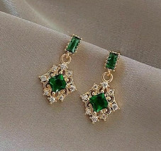 3Ct Princess Cut  Emerald Simulated Drop/Dangle Earrings 14k Yellow Gold Plated - £100.51 GBP