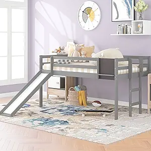 Toddler Loft Bed Low With Slide Rails Chalkboard, Wood Frame For Kids Bo... - $435.99