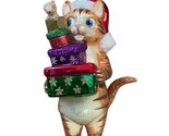 Noble Gems Ornament Orange Tabby Cat in Santa Hat Present Stack w Mouse  - $22.67