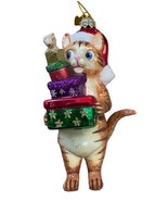 Noble Gems Ornament Orange Tabby Cat in Santa Hat Present Stack w Mouse  - £17.73 GBP
