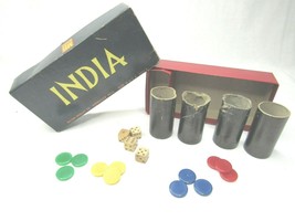 Vintage INDIA Parcheesi Milton Bradley Game Mini Wood Dice Paper Canister Black - £24.09 GBP
