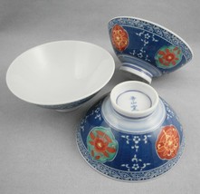 Japanese Footed Rice Soup Noodle Bowl Blue Floral Porcelain 3 bowls 2&quot; tall - £14.10 GBP