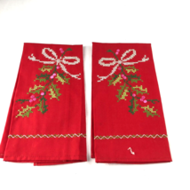 2 Christmas Red Cross Stitch Tea Hand Towels 20x13.5 Bow Ivy Berries Unused - £13.69 GBP