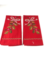 2 Christmas Red Cross Stitch Tea Hand Towels 20x13.5 Bow Ivy Berries Unused - £13.75 GBP