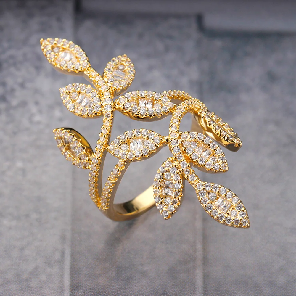 Luxury Cubic Zircon Big tree branch Joint Rings for Women New GolLeaf wedding Pa - £26.32 GBP