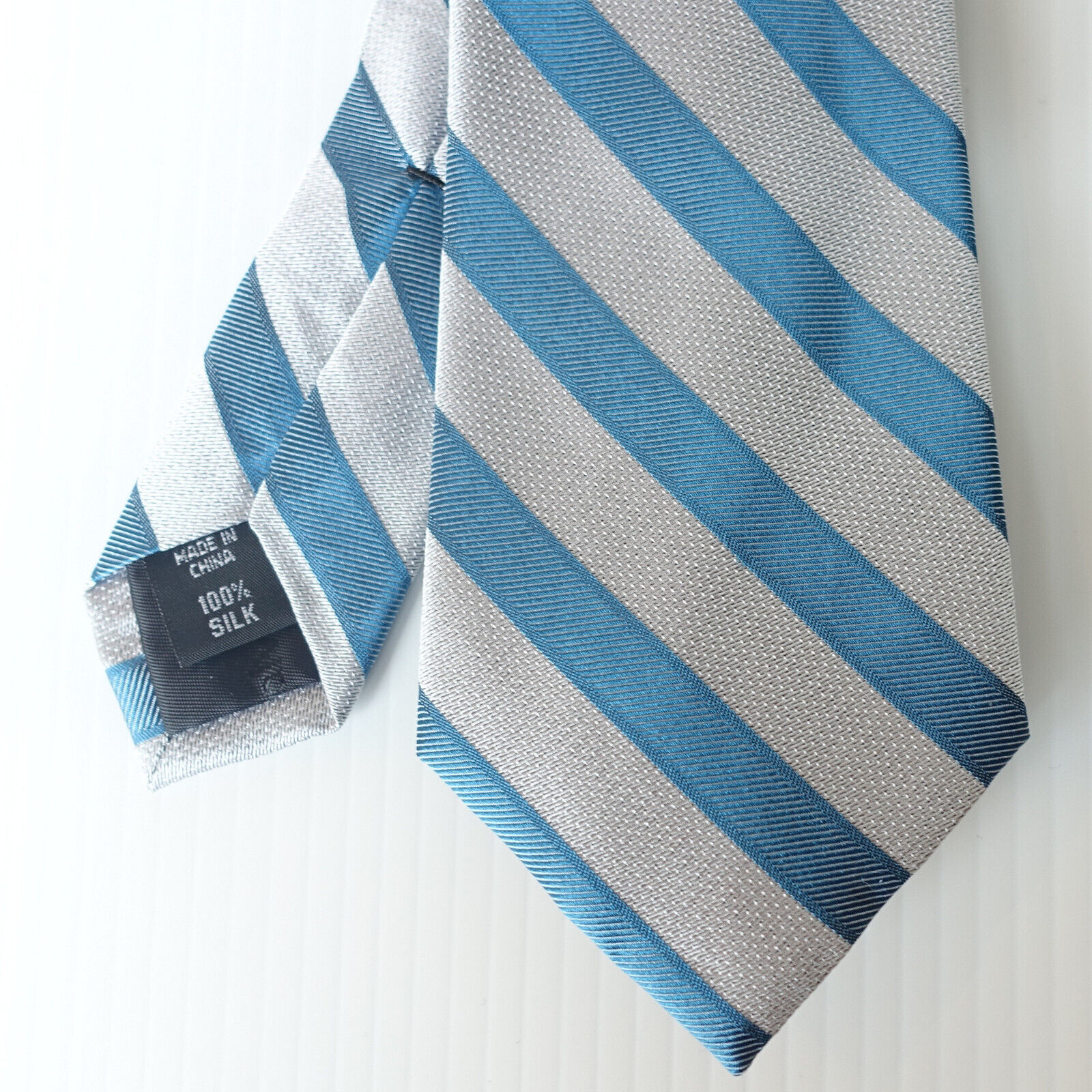 CALVIN KLEIN Blue Silver Gray Sunrise Awning Stripe Silk Slim Tie Item image 2
