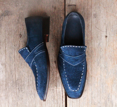 Men&#39;s Handmade Navy Blue Suede formal shoes Slip On Slippers Penny Loafers Shoes - £111.88 GBP