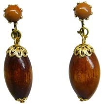 Vintage Artisan Style Earrings Clip On Wood Long Oval Shaped Bead 1&quot; Drop - £6.57 GBP