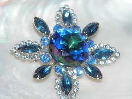 Vintage Large Faceted Blue Paste w Marquise &amp; Aurora Borealis &amp; Clear Rhinestone - £22.32 GBP