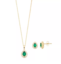 14k Gold Over Sterling Silver Emerald &amp; White Sapphire Pendant &amp; Earrings Set - £149.43 GBP