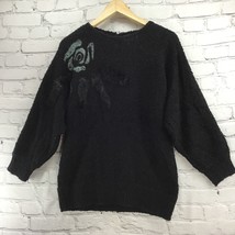 Le Chois Sweater Pullover Womens Sz M Black Fancy Rose Accent Chunky - £15.52 GBP