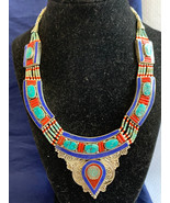 Vtg Native Design Necklace 17&quot; Fashion Jewelry Turquoise Coral Lapis Sil... - £148.11 GBP