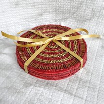 Beaded Coasters, Red & Gold, set of 4, fabric bead mats, holiday coasters