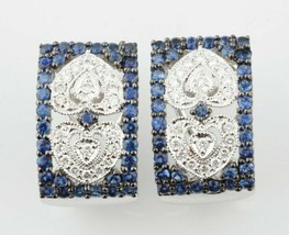 14k White Gold Diamond and Sapphire Plaque Huggie Earrings with Antiqued... - $1,781.97