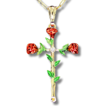 Rose Flower Cross CZ Pendant 20&quot; Figaro Necklace 14k Gold Plated Jewelry - £6.86 GBP