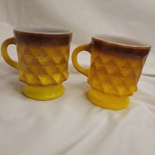 Primary image for Anchor Hocking MCM Kimberly Diamond Pane Yellow Brown Coffee Cups Set Of Two 