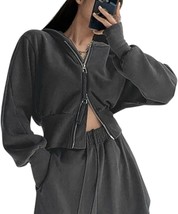 Women&#39;S Casual Crop Hoodie Double Zipper Sweatshirts With Hooded Neck Long - $50.95