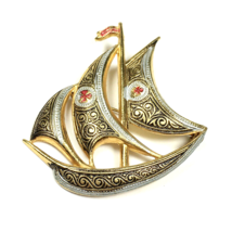 Vintage Damascene Spanish Sail Boat Ship Pin Brooch Signed Spain 2.2&quot; X ... - £18.77 GBP