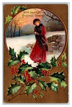 Donna IN Rosso Invernale Orizzontale Agrifoglio Natale Auguri Dorato DB Postcard - £4.85 GBP