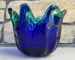 White Cristal Murano Hand Blown Cobalt Blue &amp; Green Art Glass Bowl 7.5&quot; ... - $67.72