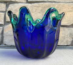 White Cristal Murano Hand Blown Cobalt Blue &amp; Green Art Glass Bowl 7.5&quot; x 9&quot; - £53.20 GBP
