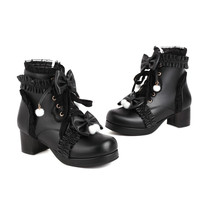 Sweet Bowknot Ruffles Med Heels Shoelace Lolita Style Ankle Boots Japanese Haraj - £58.86 GBP