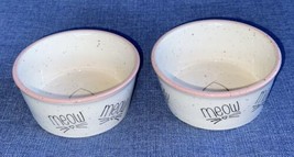 Pair of Ivory &amp; Pink Ceramic Cat Food &amp; Water Dishes Bowls MEOW Whiskers... - £21.22 GBP