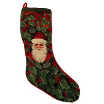 Vintage Needlepoint &amp; Velvet Christmas Stocking Santa With Holly &amp; Berries  19” - £10.78 GBP