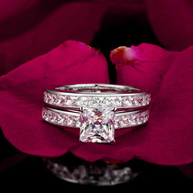 Engagement Ring Set 3.25Ct Princess Cut Simulated Diamond 14K White Gold Size 8 - £213.36 GBP