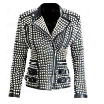 New Woman&#39;s Handmade Punk Silver Studded Brando Biker Cowhide Leather Ja... - £360.96 GBP