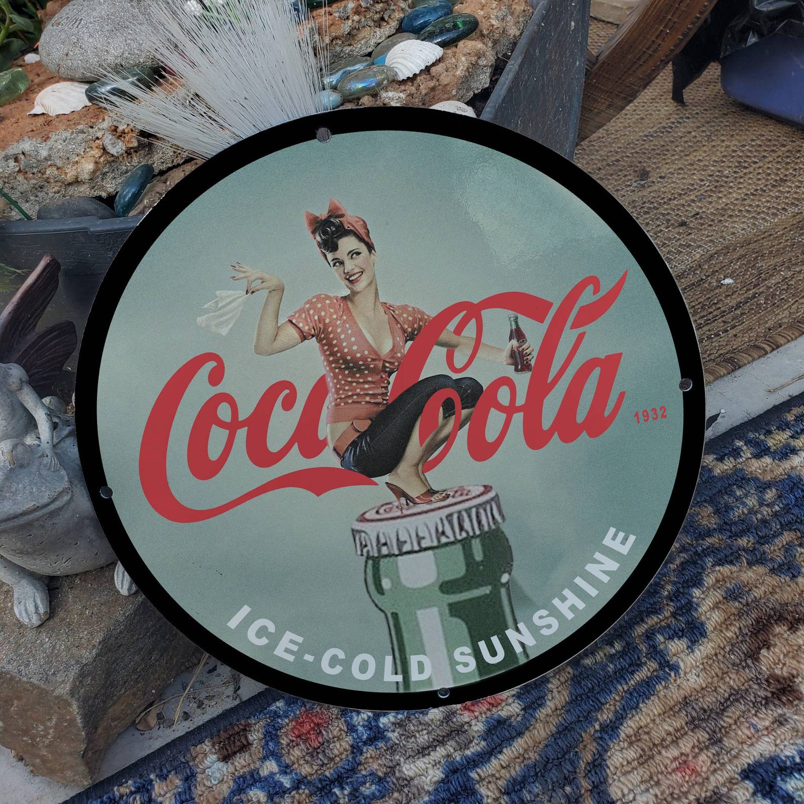 Vintage 1932 Coca-Cola Ice Cold Sunshine Soft Drink Porcelain Gas & Oil Sign - £98.29 GBP