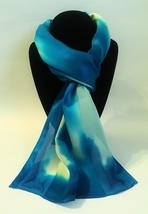 Hand Painted Silk Scarf Turquoise Seafoam Blue Green Cream Unique Oblong... - £44.62 GBP