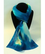 Hand Painted Silk Scarf Turquoise Seafoam Blue Green Cream Unique Oblong... - £44.98 GBP