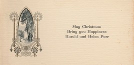 Vintage Christmas Card Cabin and Tree Gold Candles 1920&#39;s Art Deco - $7.91