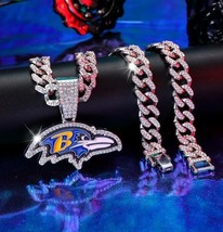 Silver Plated Baltimore Ravens Charm Pendant 20&quot; Iced Cuban 14mm Chain Necklace - $19.79