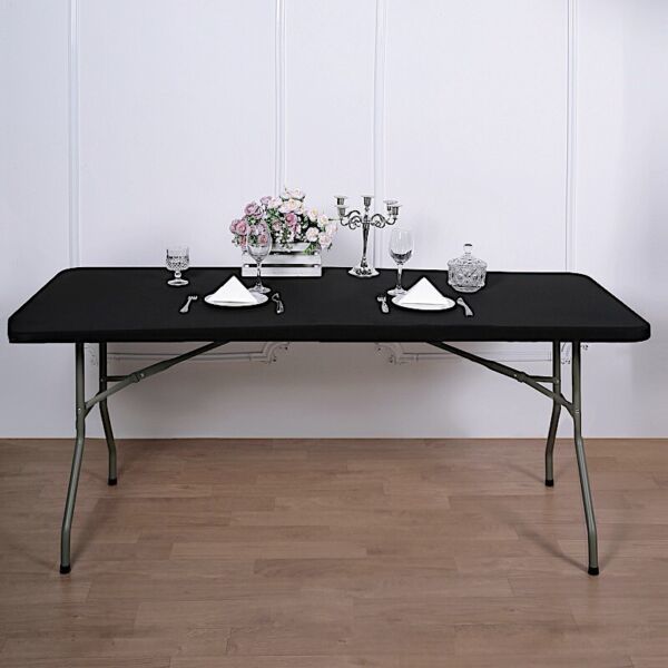 Black 6 Ft Fitted Spandex Rectangular Table Top Cover Wedding Events Decorations