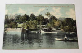1910 Lake &amp; Boat House Glen Oak Park, Peoria Ill Post Card Man in Rowboa... - £6.19 GBP