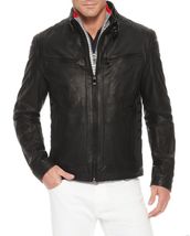 Men&#39;s Genuine Lambskin Leather Jacket Black Slim fit Motorcycle jacket - MJ044 - £80.21 GBP+
