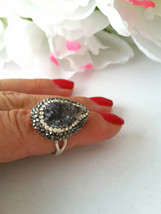 Silver natural stone Druzy cocktail ring with rhinestone Large Druzy wom... - £39.16 GBP